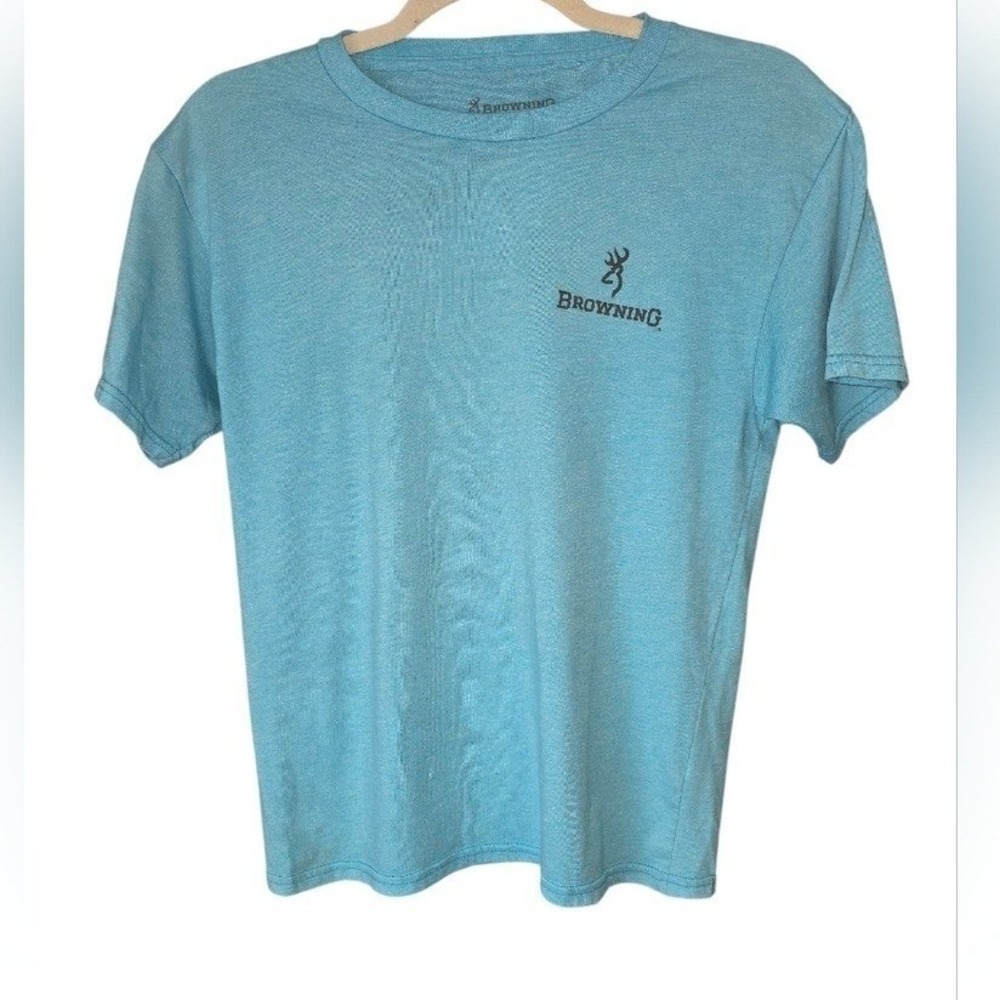 Browning Youth Sky‎ Blue Short Sleeve Tee Buck Logo Size Large Polyester/Cotton
